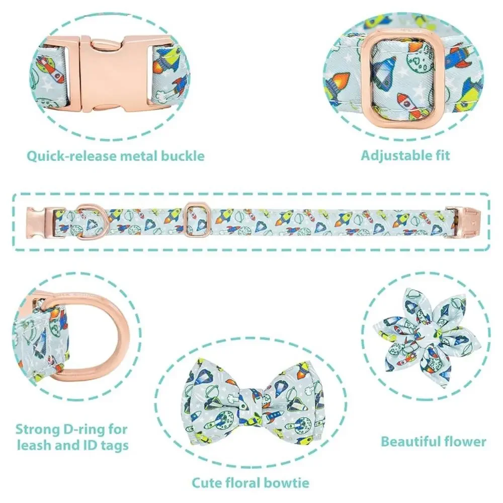 NIB XS 4 piece Dog Collar Leash Bow Flower Set Rocket Ship Print Rose Gold Tone